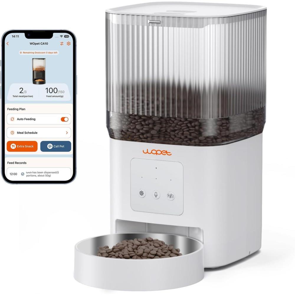 imageWOPET Automatic Cat Feeder 5G WiFi Automatic Dog Feeder with APP Control for Remote Feeding Cat Food Dispenser with Low Food Sensor and Voice RecorderUp to 10 Meals Per Day for Cats and DogsWhite
