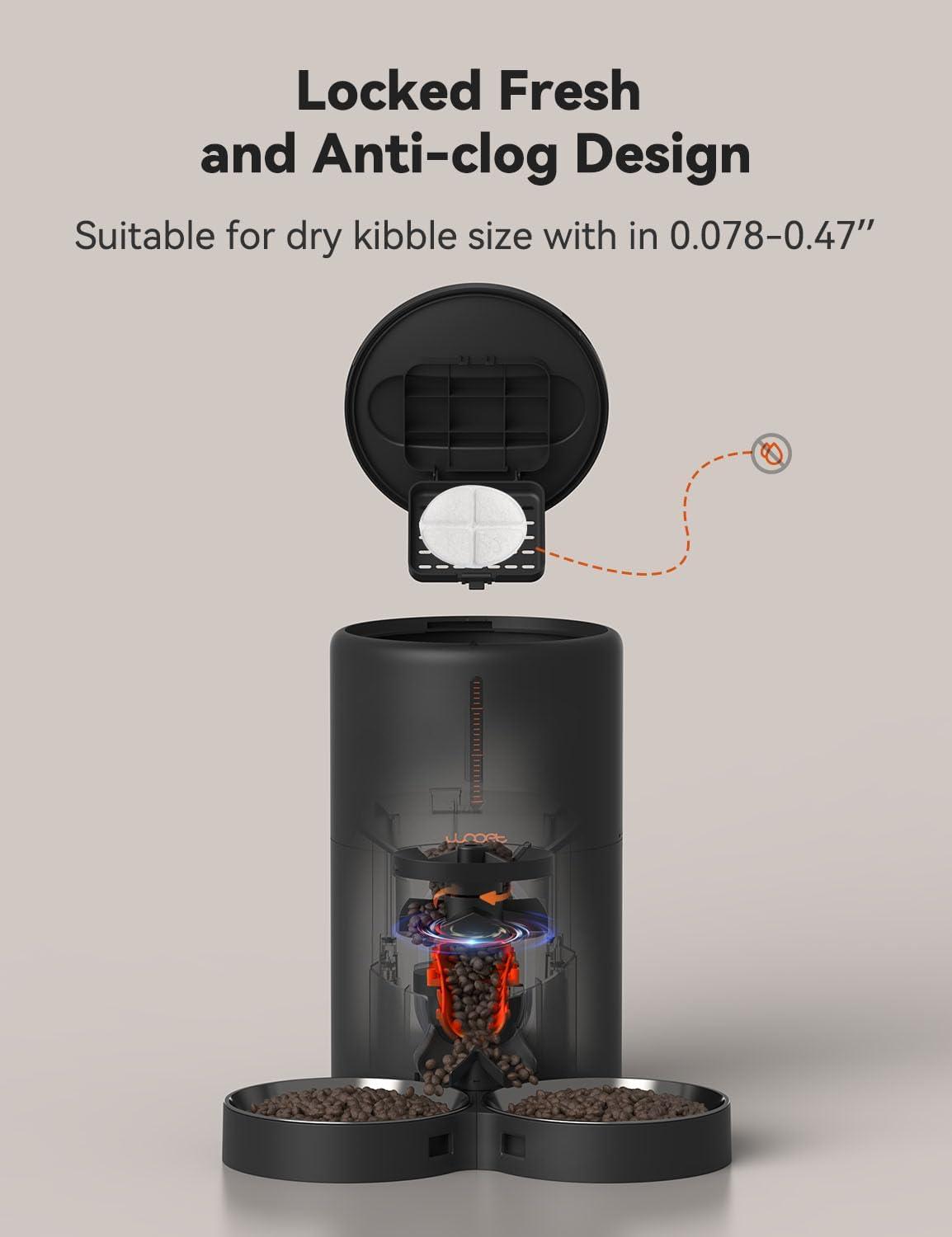 imageWOPET Automatic Cat Feeders 2 Cats 5 Timed Cat Food Dispenser with Stainless Steel Bowl Programmable 16 Meals Control Dual Power Supply Auto Pet Feeder for Cats and DogsBlack