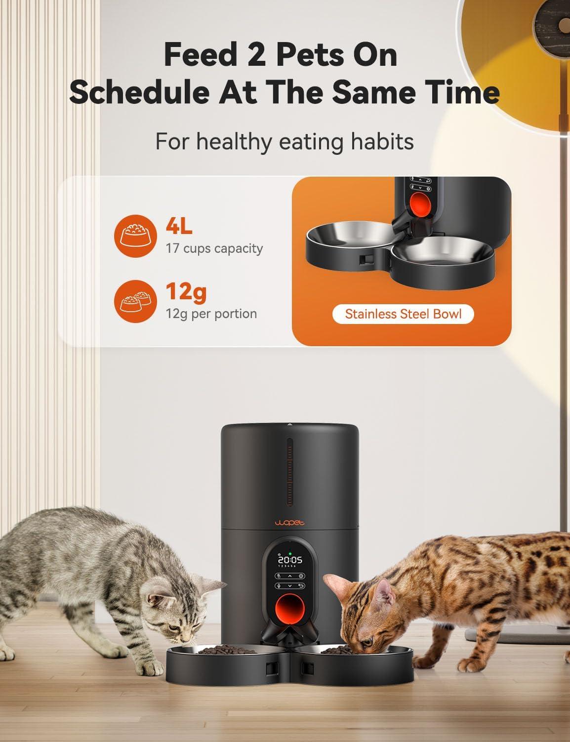 imageWOPET Automatic Cat Feeders 2 Cats 5 Timed Cat Food Dispenser with Stainless Steel Bowl Programmable 16 Meals Control Dual Power Supply Auto Pet Feeder for Cats and DogsBlack