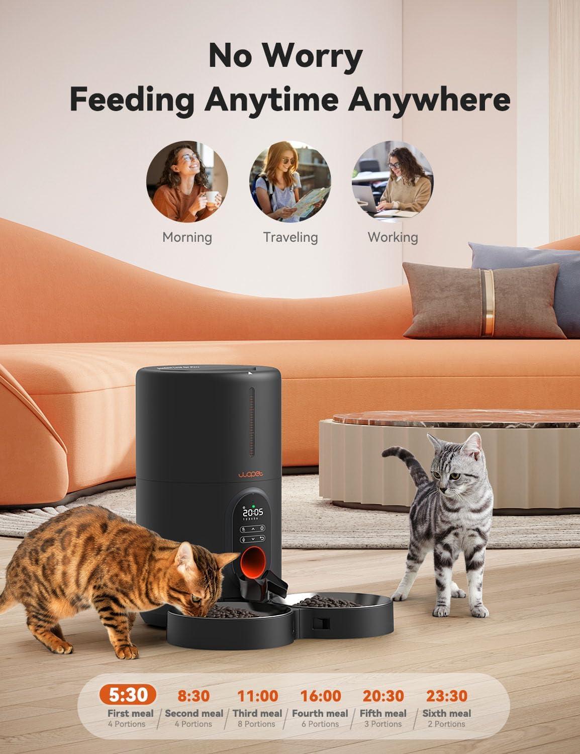 imageWOPET Automatic Cat Feeders 2 Cats 5 Timed Cat Food Dispenser with Stainless Steel Bowl Programmable 16 Meals Control Dual Power Supply Auto Pet Feeder for Cats and DogsBlack