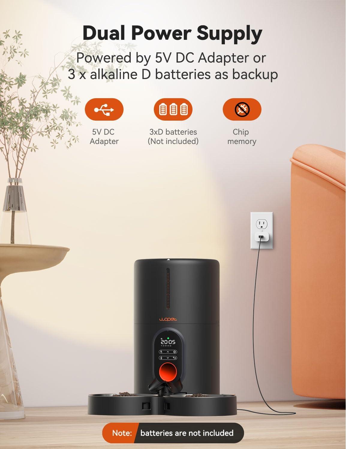 imageWOPET Automatic Cat Feeders 2 Cats 5 Timed Cat Food Dispenser with Stainless Steel Bowl Programmable 16 Meals Control Dual Power Supply Auto Pet Feeder for Cats and DogsBlack