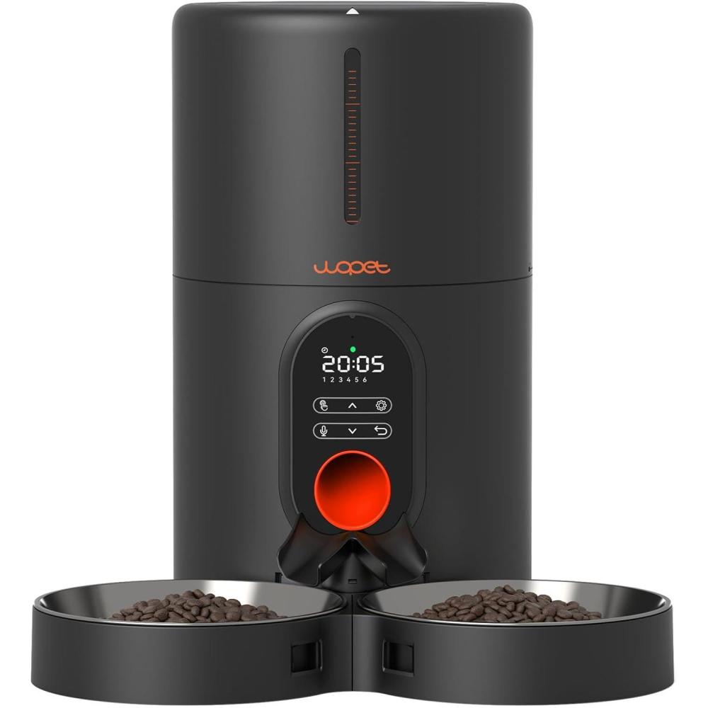 imageWOPET Automatic Cat Feeders 2 Cats 5 Timed Cat Food Dispenser with Stainless Steel Bowl Programmable 16 Meals Control Dual Power Supply Auto Pet Feeder for Cats and DogsBlack