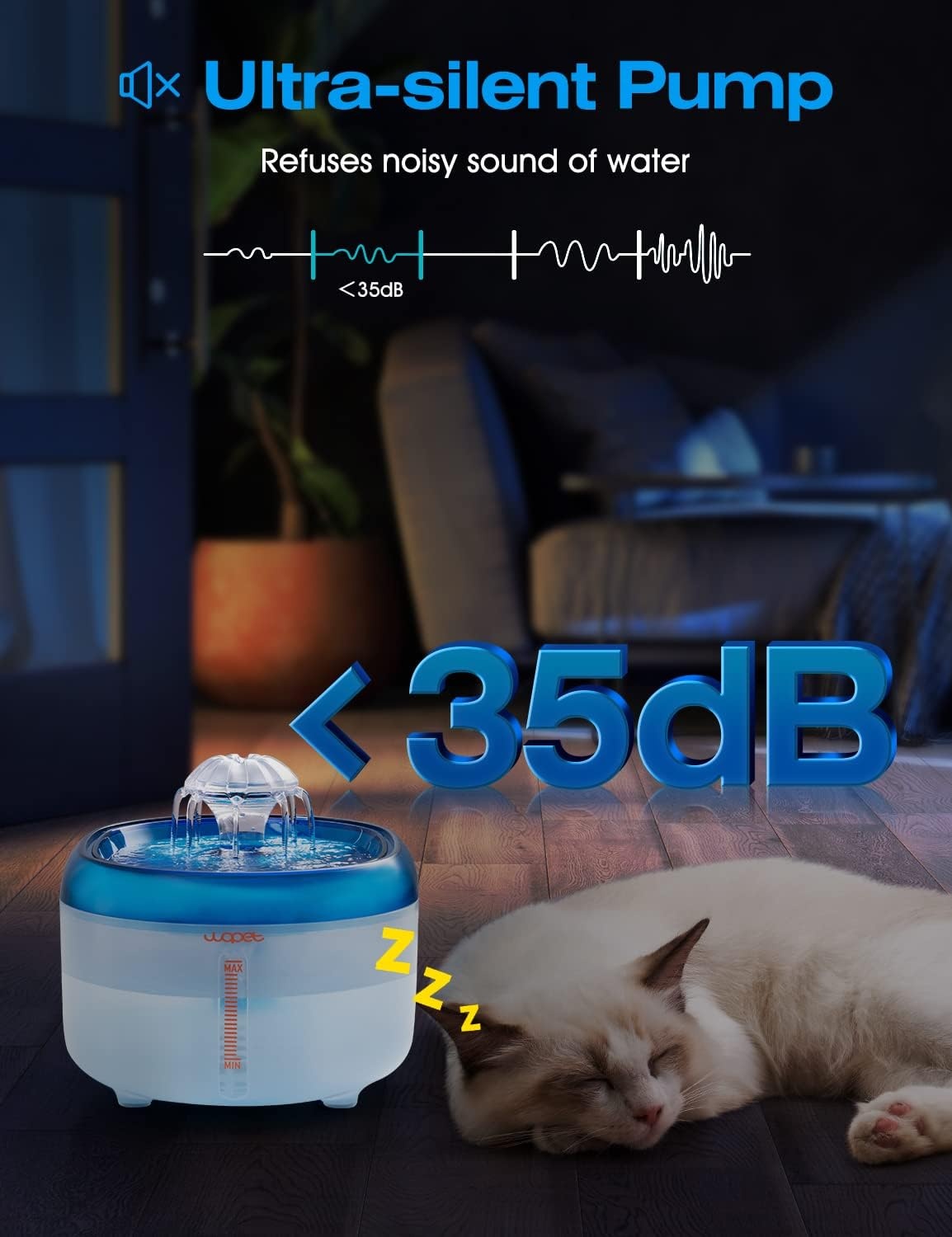 image:imageWOPET Cat Water Fountain 67oz2L Automatic Pet Water Dispenser for Cats amp Small Dogs Ultra Quiet SleepFriendly Pump BPAFree 2 Flow Modes Visible Water Level 3Stage FiltrationWhiteBlue