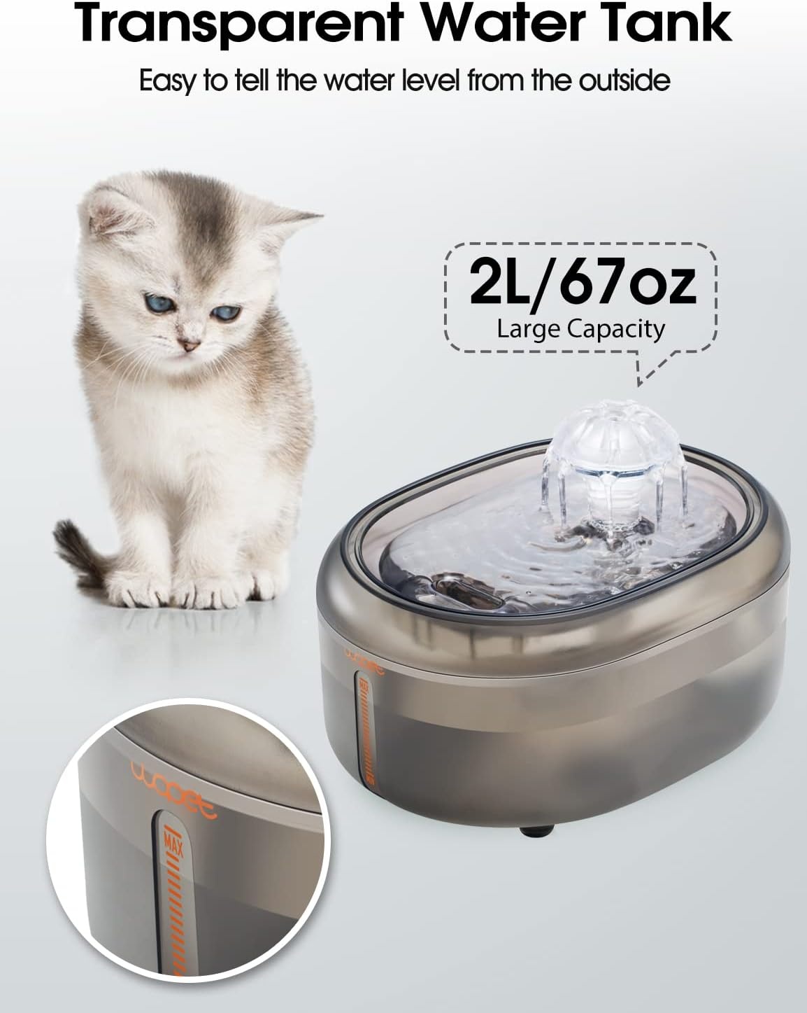 image:imageWOPET Cat Water Fountain 67oz2L Automatic Pet Water Dispenser for Cats amp Small Dogs Ultra Quiet SleepFriendly Pump BPAFree 2 Flow Modes Visible Water Level 3Stage FiltrationGrey