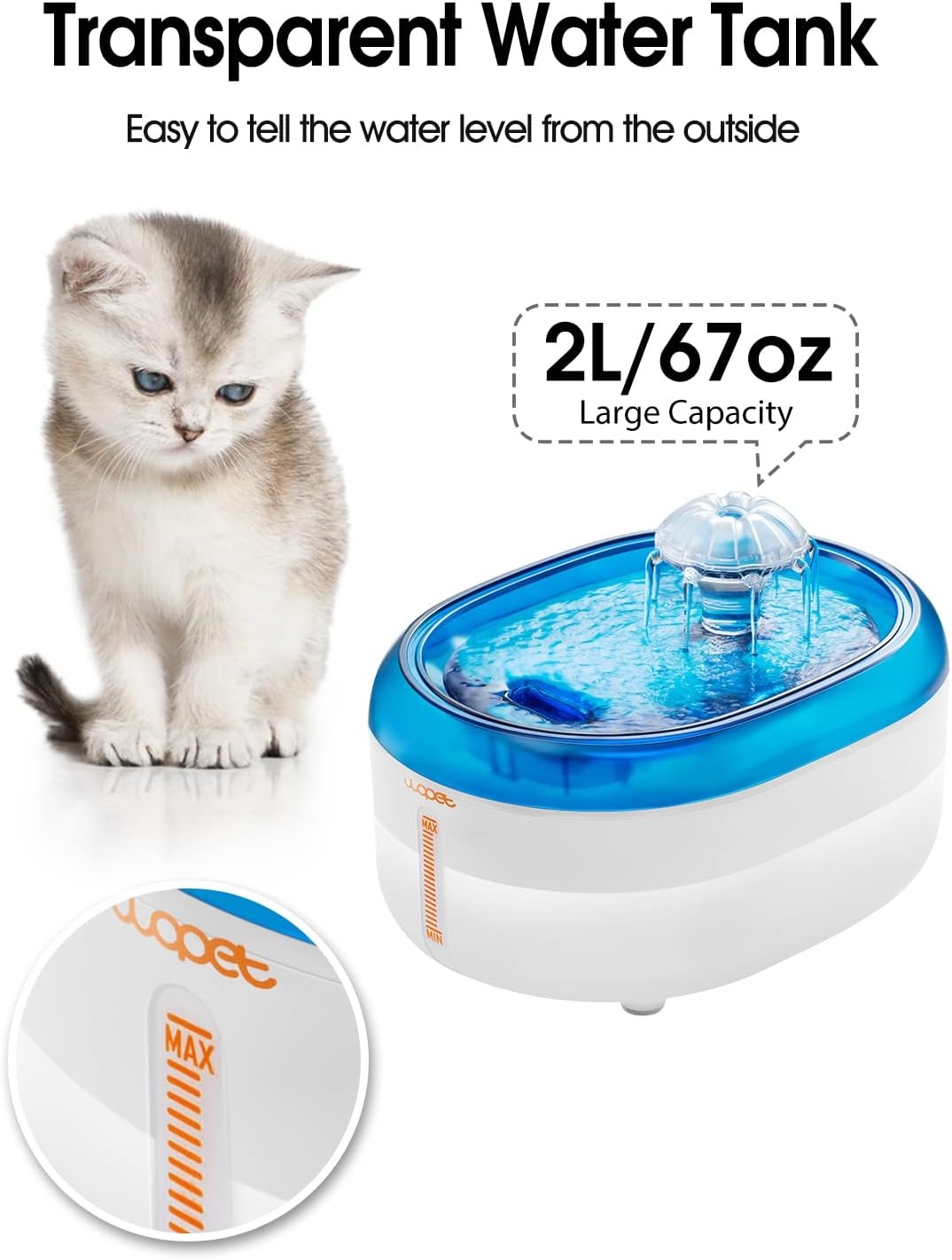 image:imageWOPET Cat Water Fountain 67oz2L Automatic Pet Water Dispenser for Cats amp Small Dogs Ultra Quiet SleepFriendly Pump BPAFree 2 Flow Modes Visible Water Level 3Stage FiltrationWhiteBlue