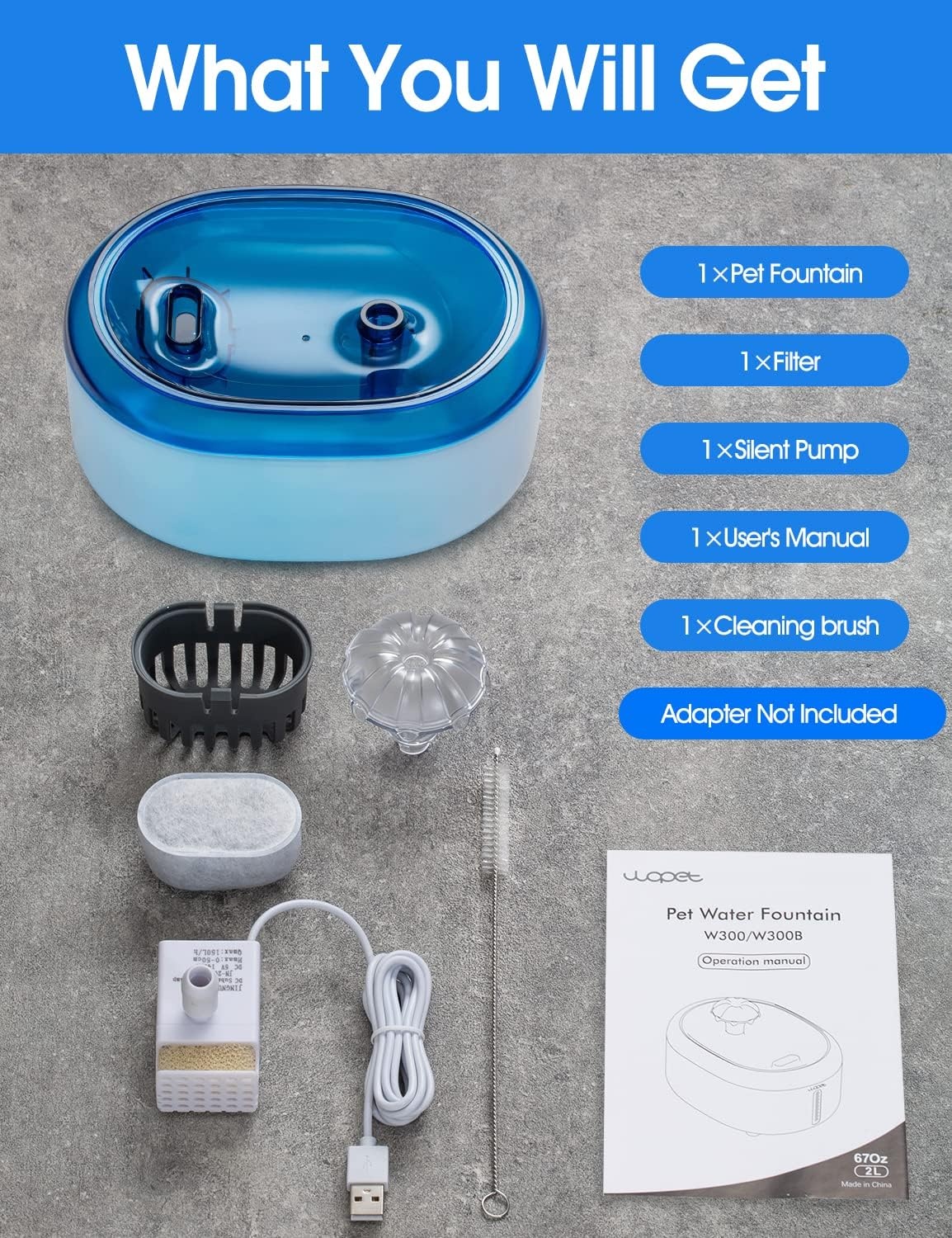 image:imageWOPET Cat Water Fountain 67oz2L Automatic Pet Water Dispenser for Cats amp Small Dogs Ultra Quiet SleepFriendly Pump BPAFree 2 Flow Modes Visible Water Level 3Stage FiltrationWhiteBlue