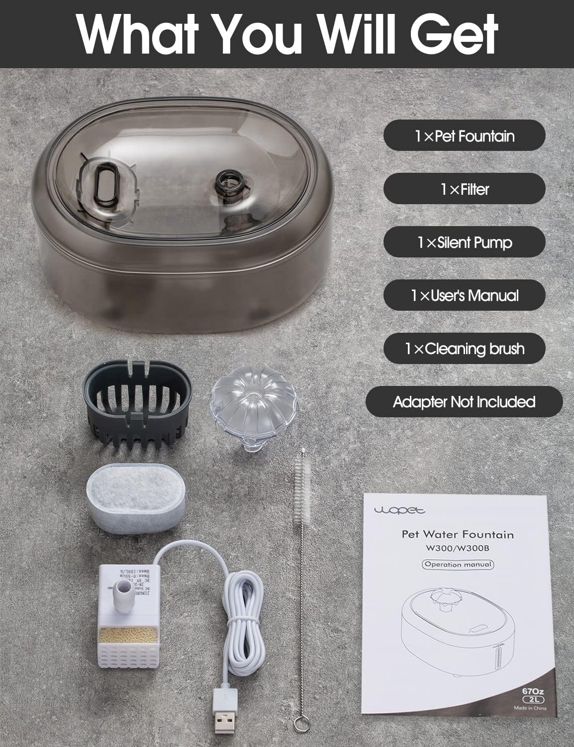 image:imageWOPET Cat Water Fountain 67oz2L Automatic Pet Water Dispenser for Cats amp Small Dogs Ultra Quiet SleepFriendly Pump BPAFree 2 Flow Modes Visible Water Level 3Stage FiltrationGrey
