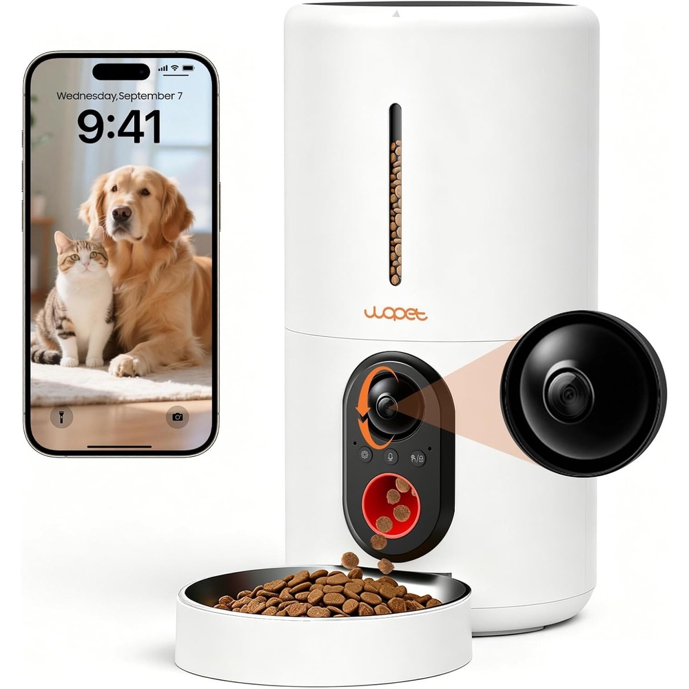image:imageWOPET Automatic Dog Feeder with Camera1080P HD Video with Night Vision 5GHz24GHz Dog Food Dispenser with App Control 4GB SD Card 2Way Audio for Cats amp DogsWhiteOrange